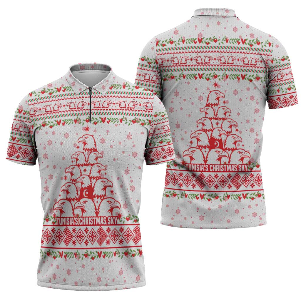 Tunisia Christmas Zipper Polo Shirt with Red Falcon Tree White Snowflake Pattern and Festive Borders - Wonder Print Shop