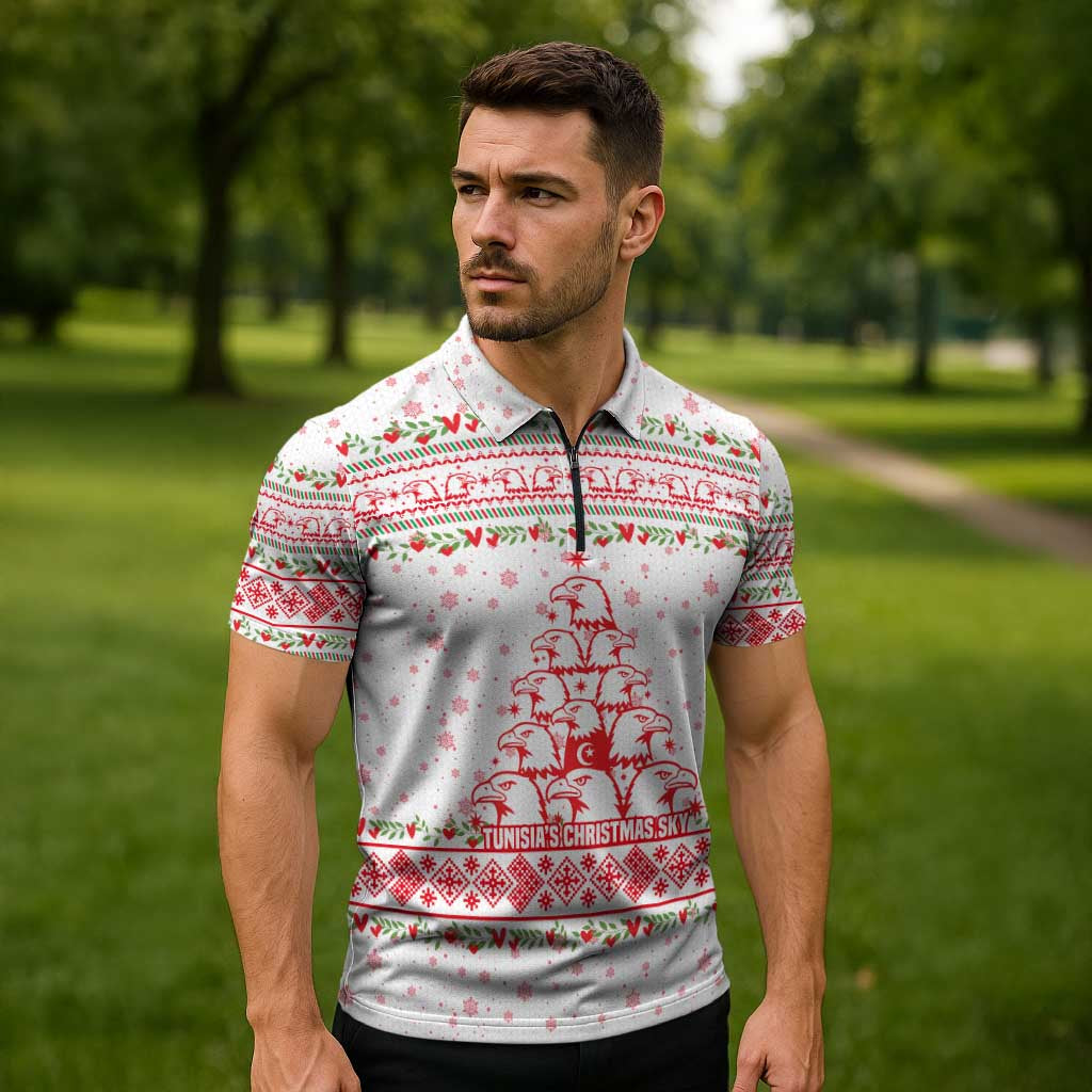 Tunisia Christmas Zipper Polo Shirt with Red Falcon Tree White Snowflake Pattern and Festive Borders - Wonder Print Shop