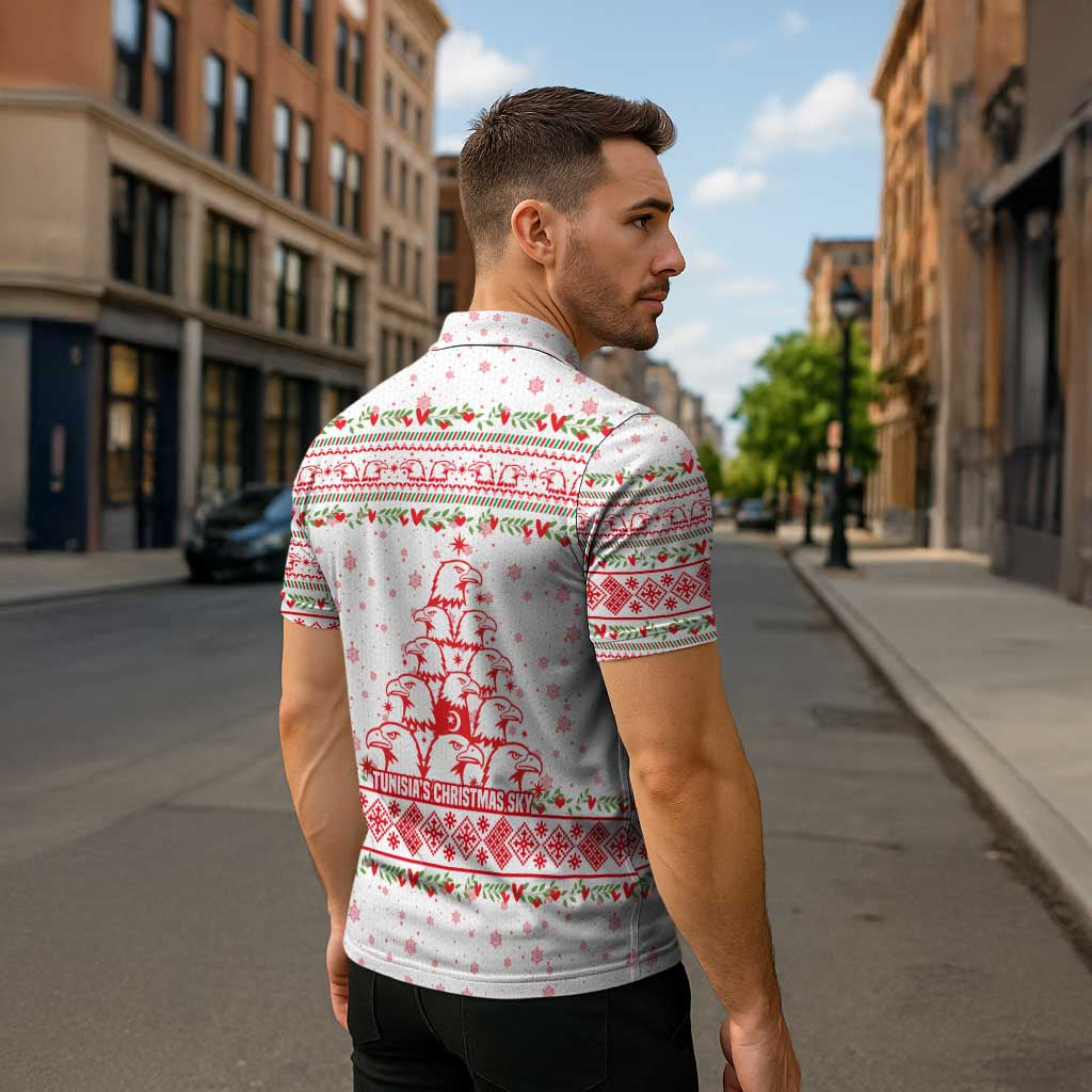 Tunisia Christmas Zipper Polo Shirt with Red Falcon Tree White Snowflake Pattern and Festive Borders - Wonder Print Shop