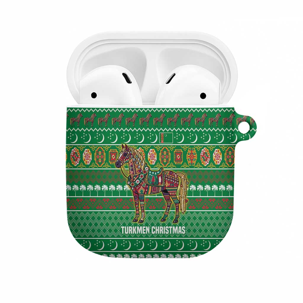 Turkmenistan Christmas AirPods Case with Decorated Horse Crescent Moon Pattern and Traditional Carpet - Wonder Print Shop