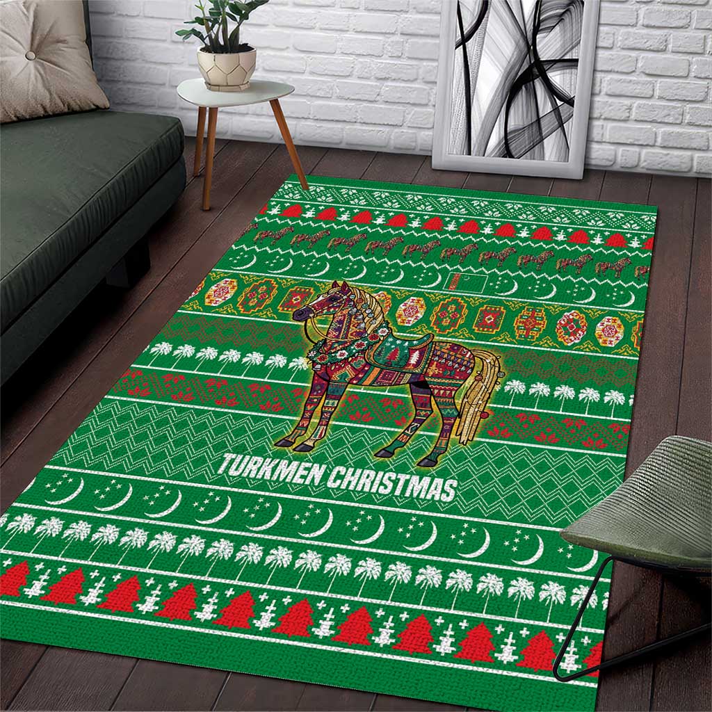 Turkmenistan Christmas Area Rug with Decorated Horse Crescent Moon Pattern and Traditional Carpet - Wonder Print Shop