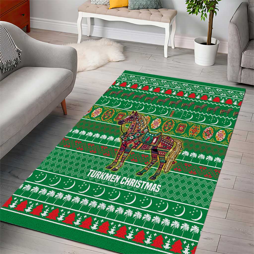 Turkmenistan Christmas Area Rug with Decorated Horse Crescent Moon Pattern and Traditional Carpet - Wonder Print Shop