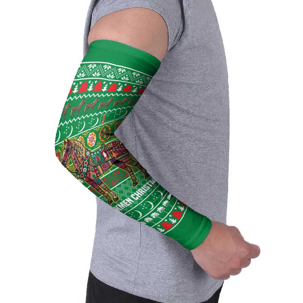 Turkmenistan Christmas Arm Sleeves with Decorated Horse Crescent Moon Pattern and Traditional Carpet - Wonder Print Shop