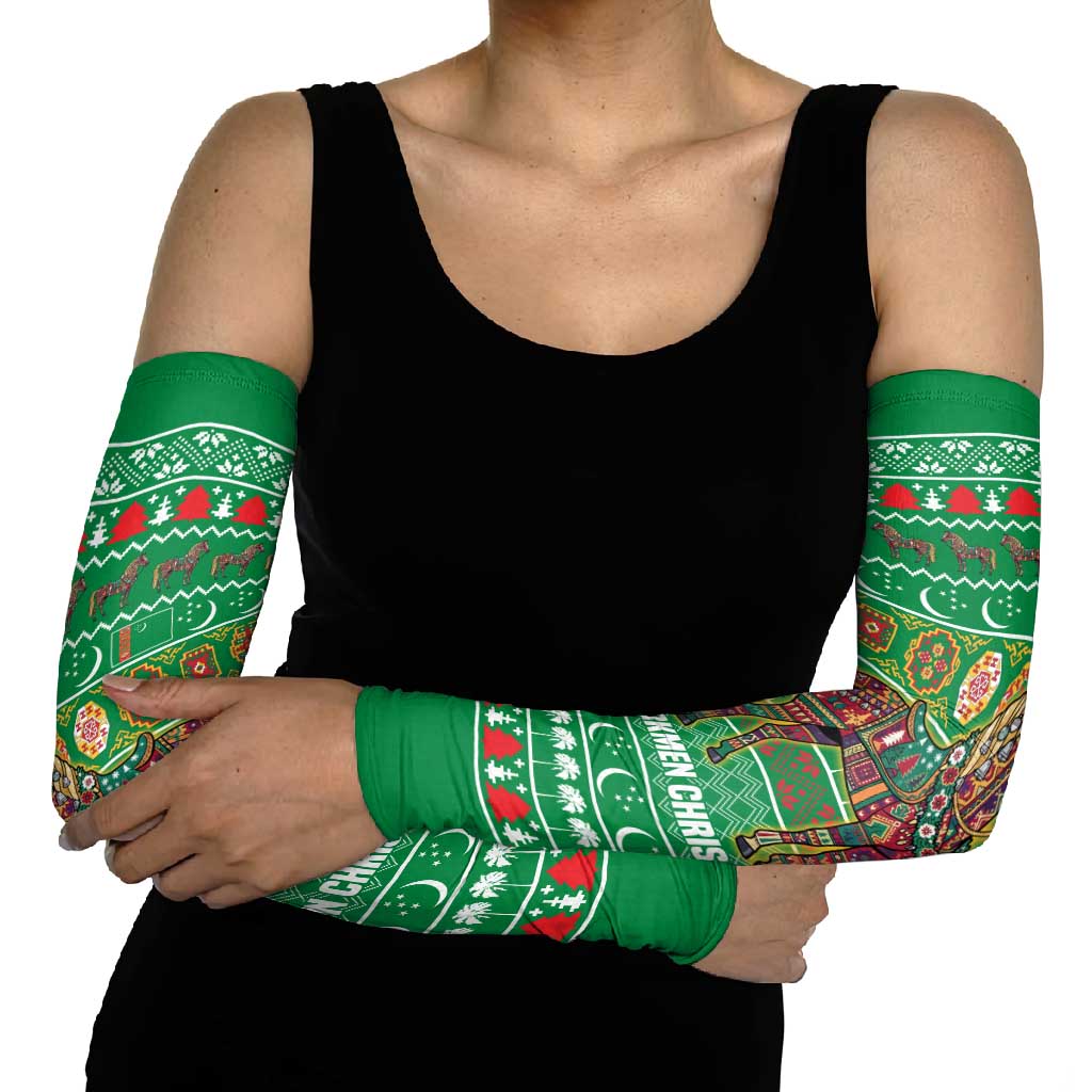 Turkmenistan Christmas Arm Sleeves with Decorated Horse Crescent Moon Pattern and Traditional Carpet - Wonder Print Shop