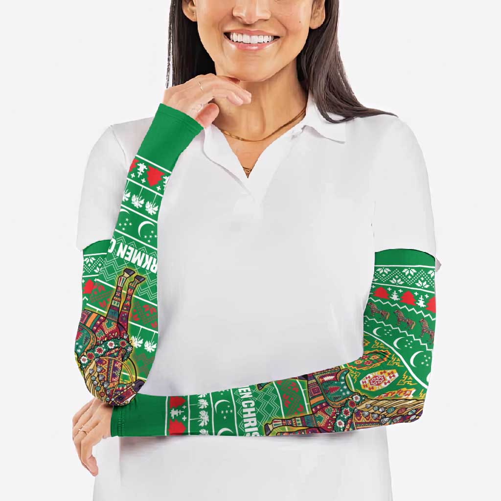 Turkmenistan Christmas Arm Sleeves with Decorated Horse Crescent Moon Pattern and Traditional Carpet - Wonder Print Shop