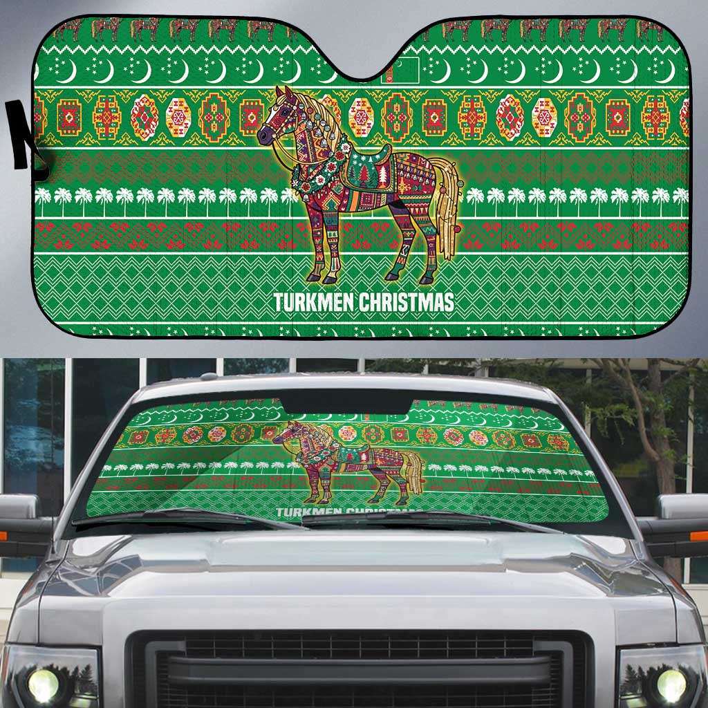 Turkmenistan Christmas Auto Sun Shade with Decorated Horse Crescent Moon Pattern and Traditional Carpet - Wonder Print Shop