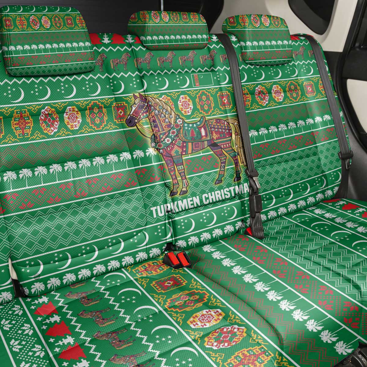 Turkmenistan Christmas Back Car Seat Cover with Decorated Horse Crescent Moon Pattern and Traditional Carpet - Wonder Print Shop