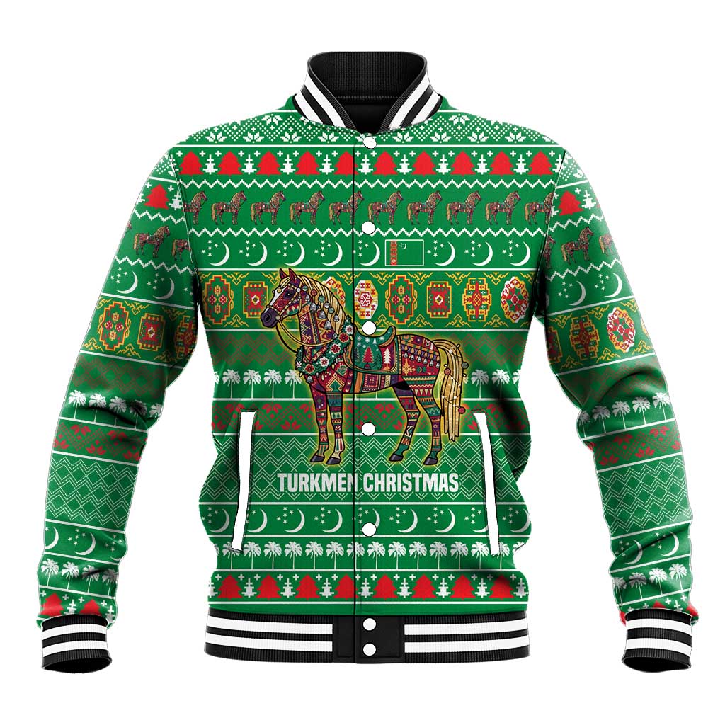 Turkmenistan Christmas Baseball Jacket with Decorated Horse Crescent Moon Pattern and Traditional Carpet - Wonder Print Shop