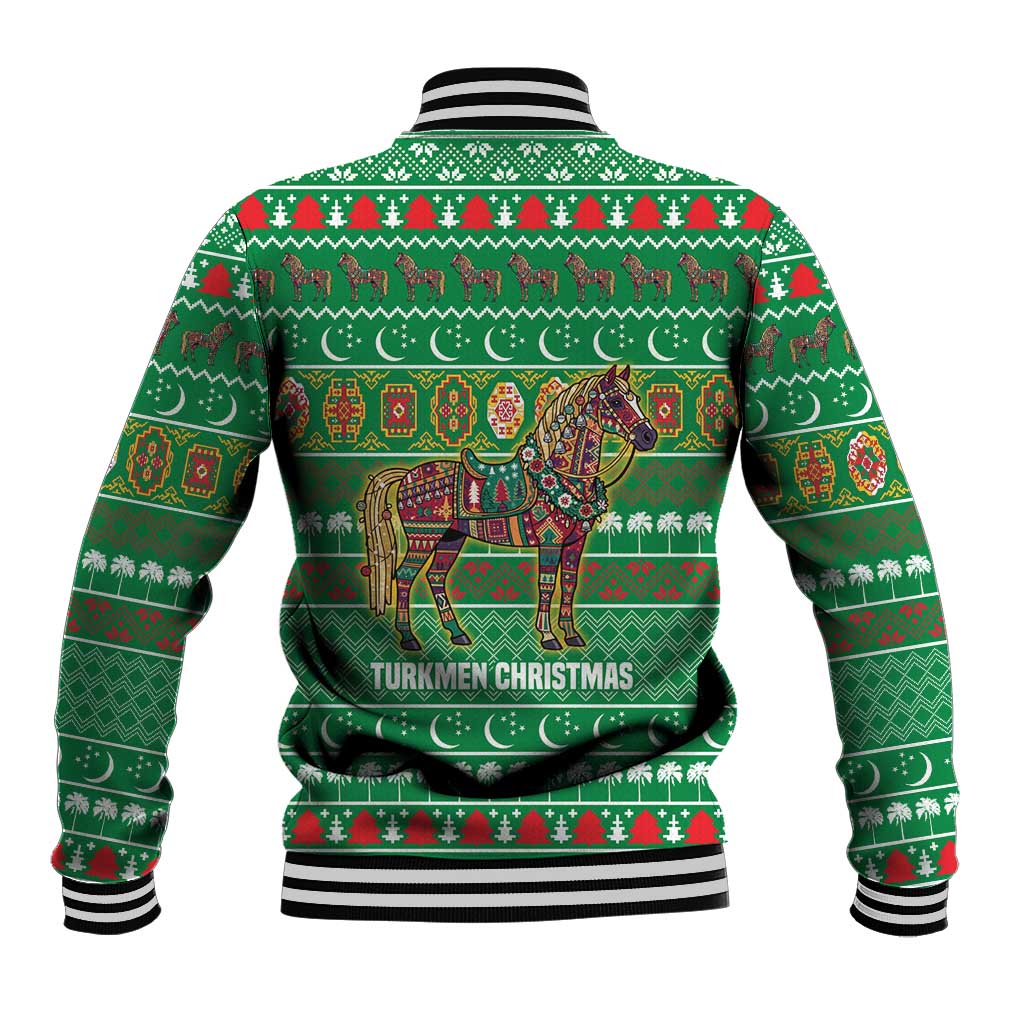 Turkmenistan Christmas Baseball Jacket with Decorated Horse Crescent Moon Pattern and Traditional Carpet - Wonder Print Shop