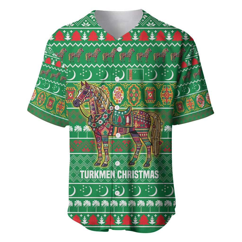 Turkmenistan Christmas Baseball Jersey with Decorated Horse Crescent Moon Pattern and Traditional Carpet - Wonder Print Shop