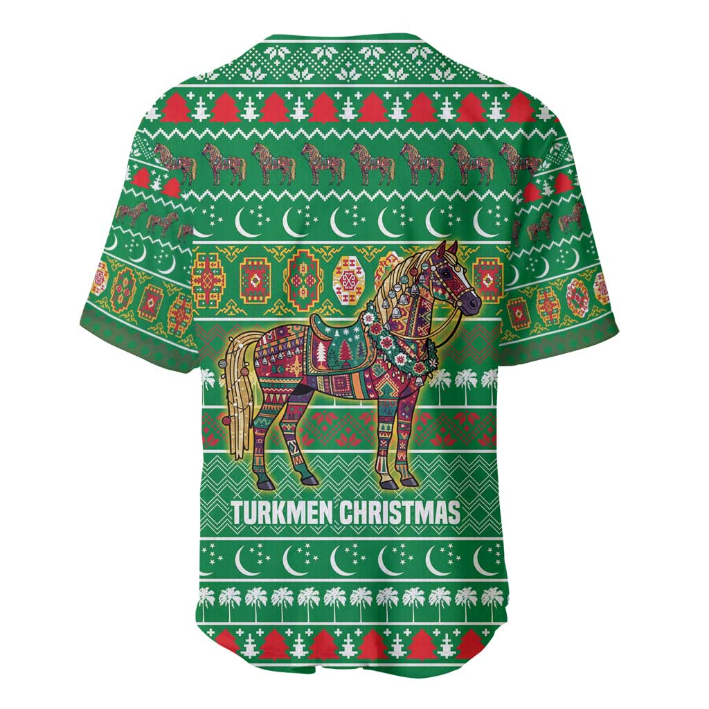 Turkmenistan Christmas Baseball Jersey with Decorated Horse Crescent Moon Pattern and Traditional Carpet - Wonder Print Shop