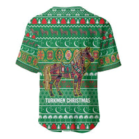 Turkmenistan Christmas Baseball Jersey with Decorated Horse Crescent Moon Pattern and Traditional Carpet - Wonder Print Shop