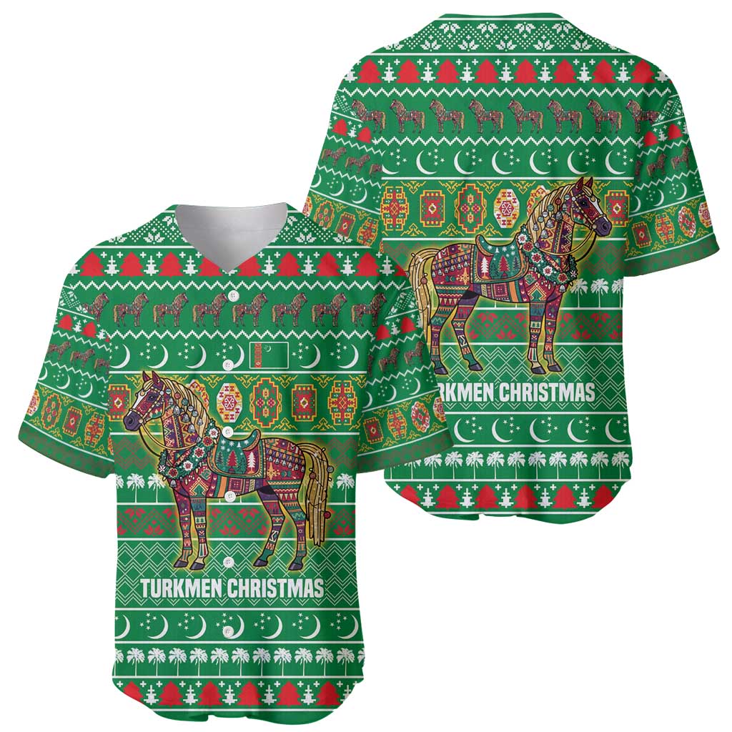 Turkmenistan Christmas Baseball Jersey with Decorated Horse Crescent Moon Pattern and Traditional Carpet - Wonder Print Shop