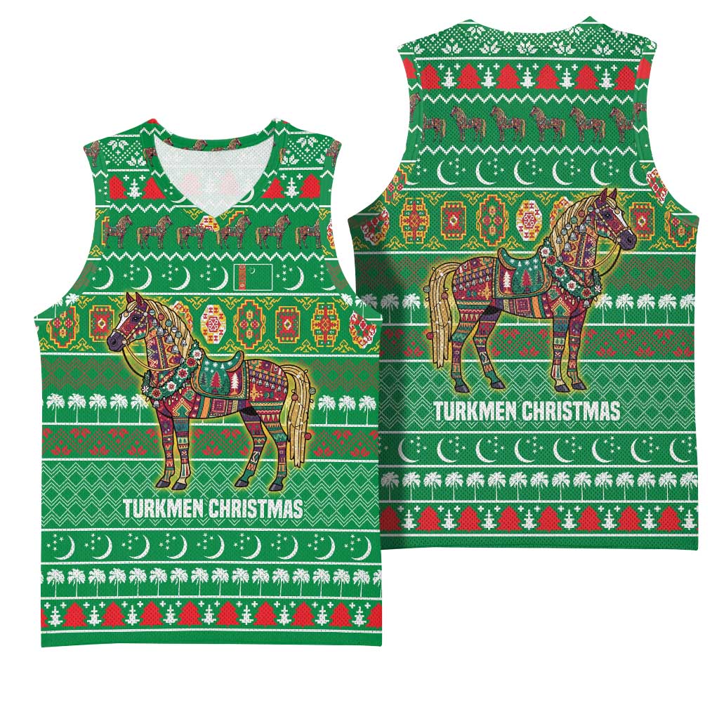 Turkmenistan Christmas Basketball Jersey with Decorated Horse Crescent Moon Pattern and Traditional Carpet - Wonder Print Shop