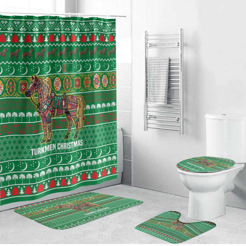 Turkmenistan Christmas Bathroom Set with Decorated Horse Crescent Moon Pattern and Traditional Carpet - Wonder Print Shop