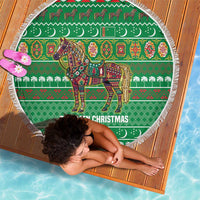 Turkmenistan Christmas Beach Blanket with Decorated Horse Crescent Moon Pattern and Traditional Carpet - Wonder Print Shop