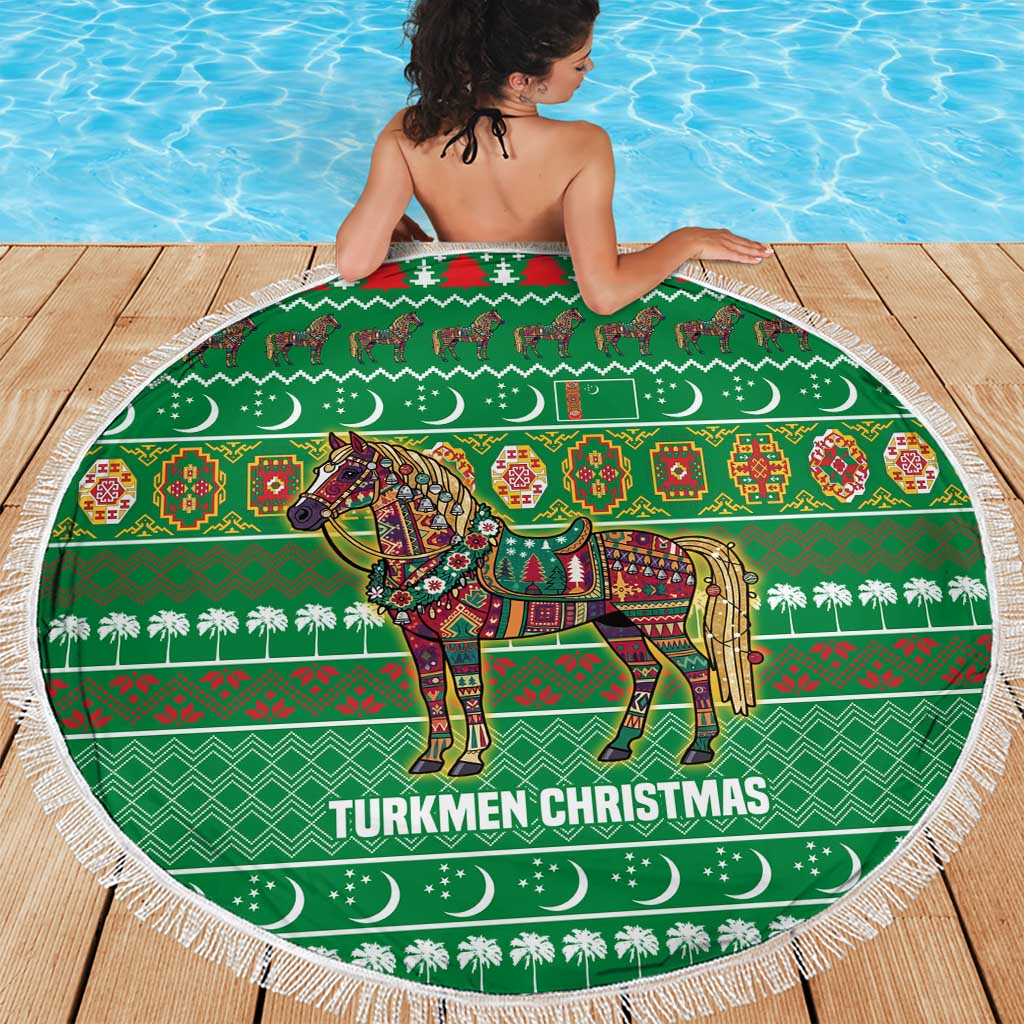 Turkmenistan Christmas Beach Blanket with Decorated Horse Crescent Moon Pattern and Traditional Carpet - Wonder Print Shop