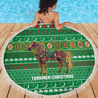 Turkmenistan Christmas Beach Blanket with Decorated Horse Crescent Moon Pattern and Traditional Carpet - Wonder Print Shop