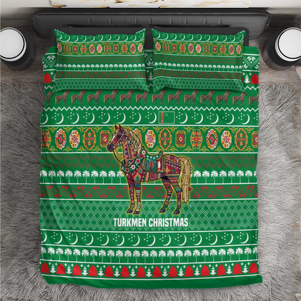 Turkmenistan Christmas Bedding Set with Decorated Horse Crescent Moon Pattern and Traditional Carpet - Wonder Print Shop