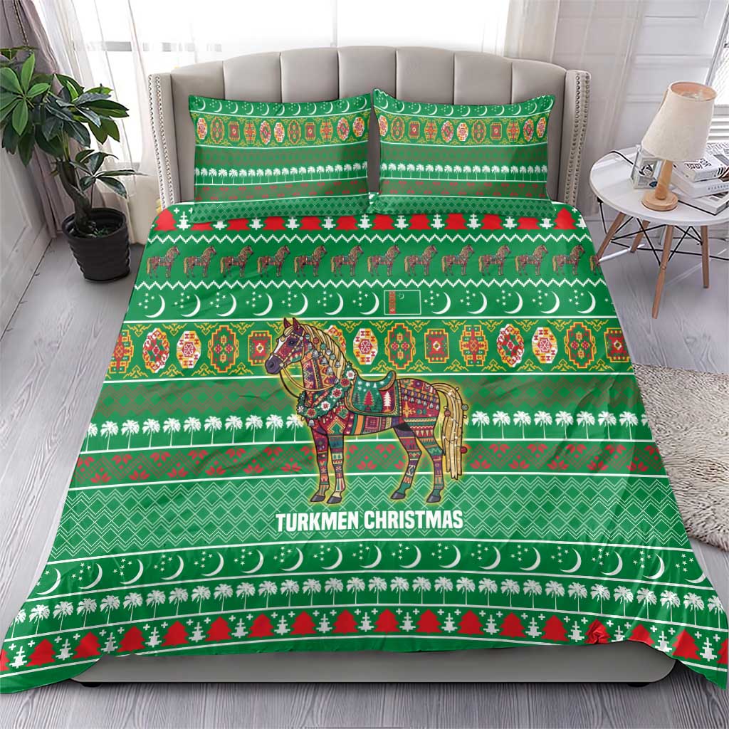 Turkmenistan Christmas Bedding Set with Decorated Horse Crescent Moon Pattern and Traditional Carpet - Wonder Print Shop