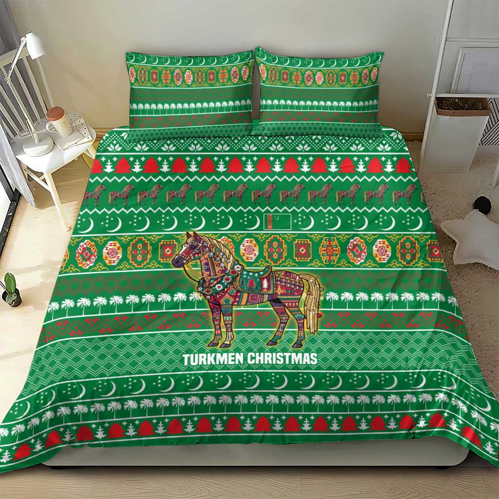 Turkmenistan Christmas Bedding Set with Decorated Horse Crescent Moon Pattern and Traditional Carpet - Wonder Print Shop