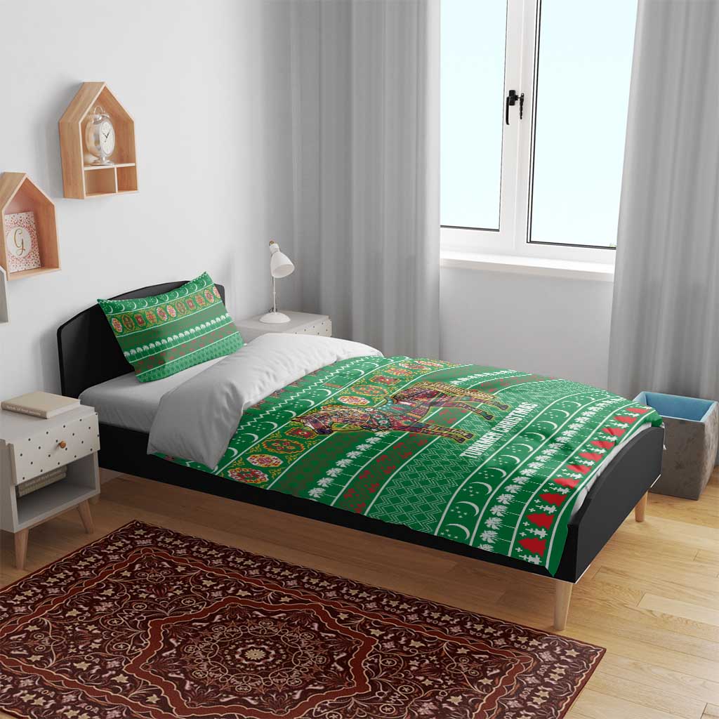 Turkmenistan Christmas Bedding Set with Decorated Horse Crescent Moon Pattern and Traditional Carpet - Wonder Print Shop