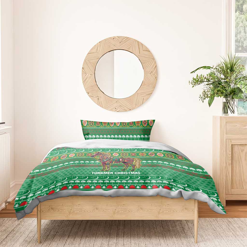 Turkmenistan Christmas Bedding Set with Decorated Horse Crescent Moon Pattern and Traditional Carpet - Wonder Print Shop