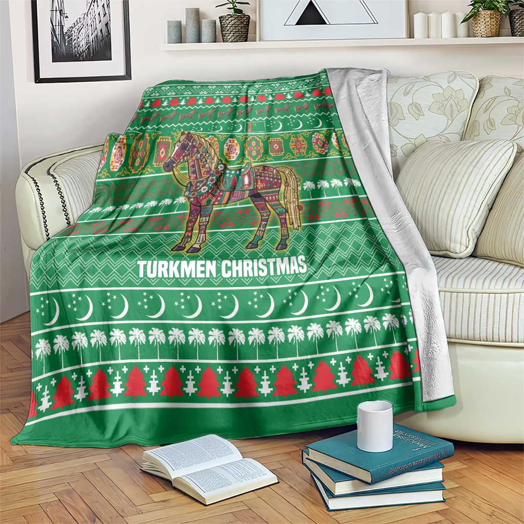 Turkmenistan Christmas Blanket with Decorated Horse Crescent Moon Pattern and Traditional Carpet - Wonder Print Shop