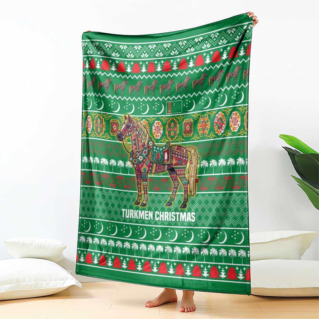Turkmenistan Christmas Blanket with Decorated Horse Crescent Moon Pattern and Traditional Carpet - Wonder Print Shop