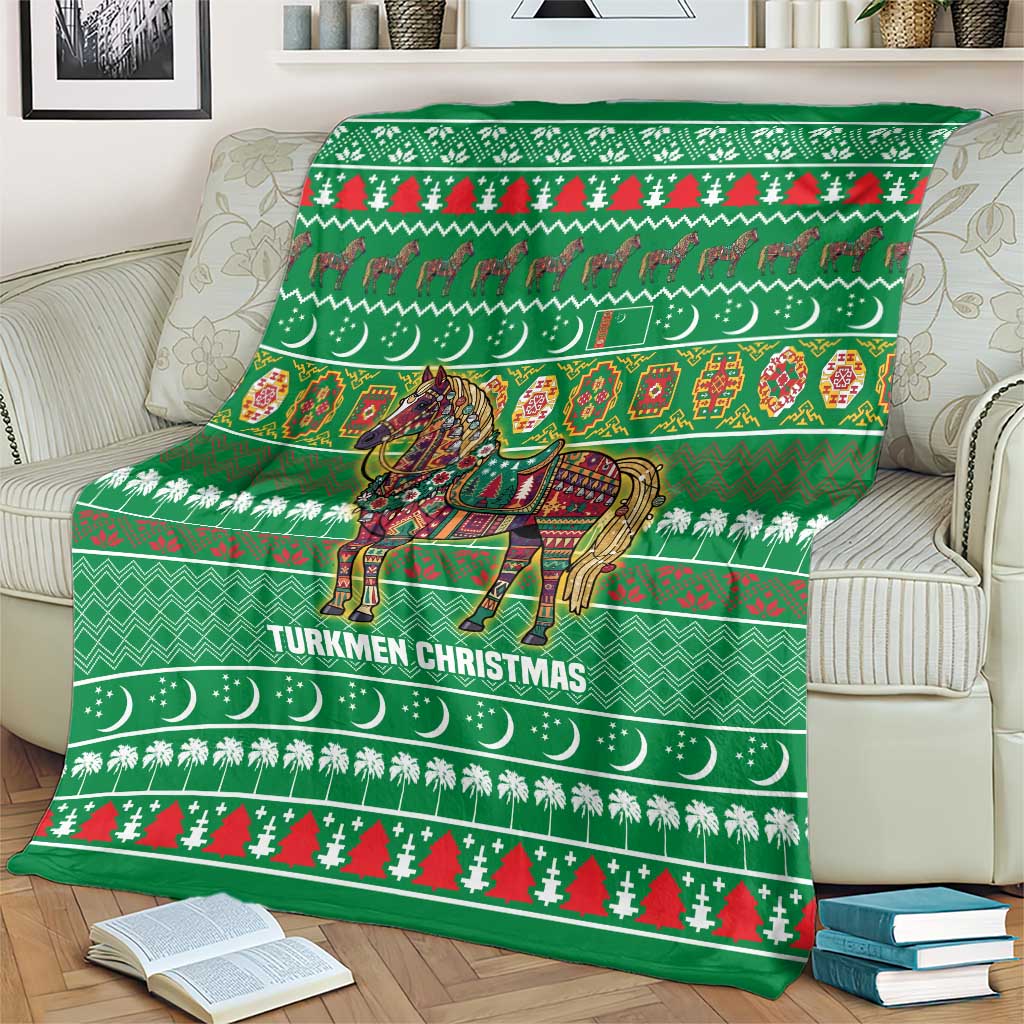 Turkmenistan Christmas Blanket with Decorated Horse Crescent Moon Pattern and Traditional Carpet - Wonder Print Shop
