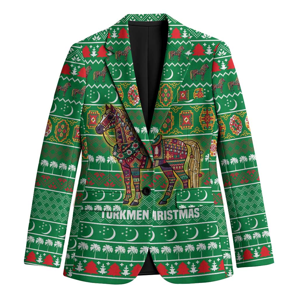 Turkmenistan Christmas Blazer with Decorated Horse Crescent Moon Pattern and Traditional Carpet - Wonder Print Shop