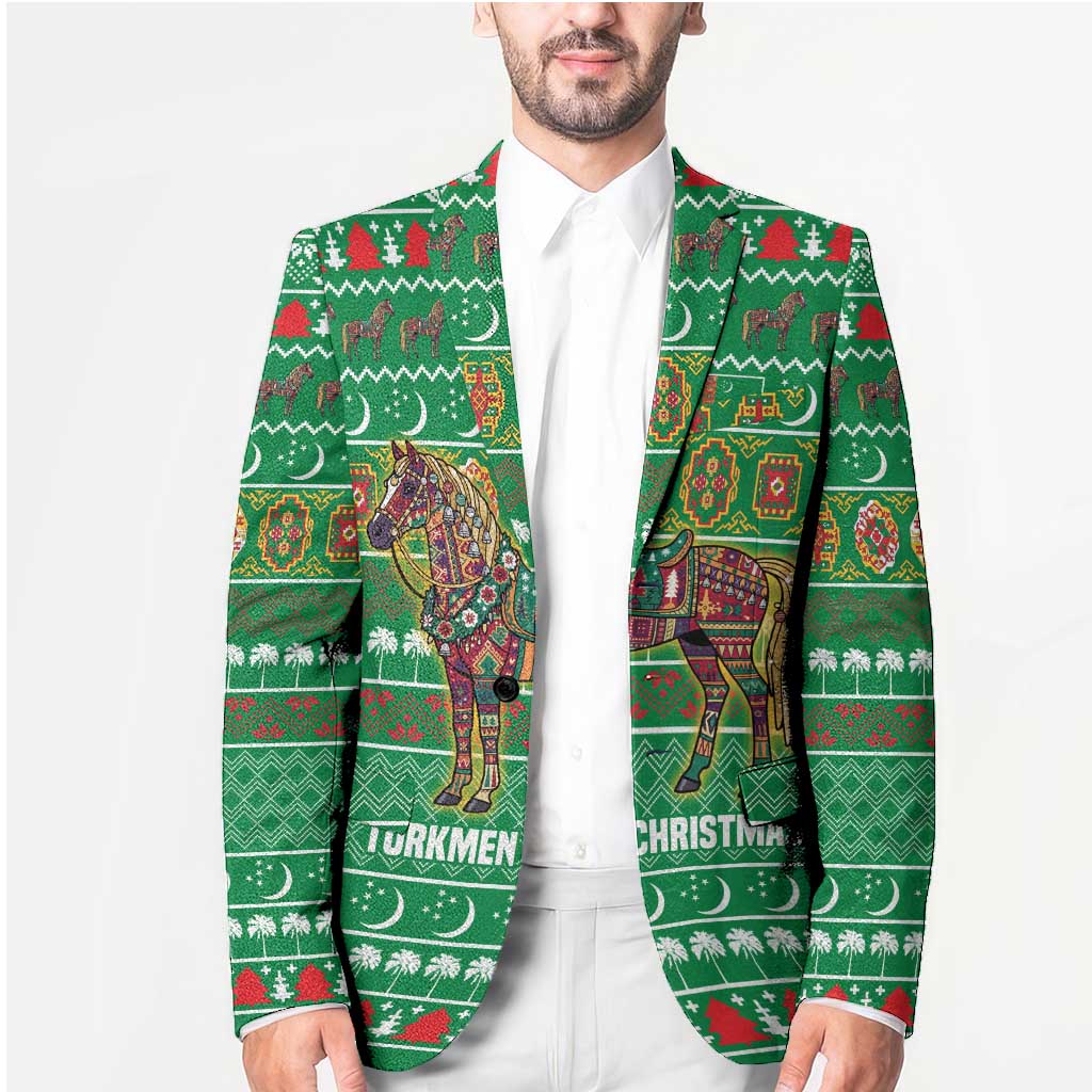 Turkmenistan Christmas Blazer with Decorated Horse Crescent Moon Pattern and Traditional Carpet - Wonder Print Shop