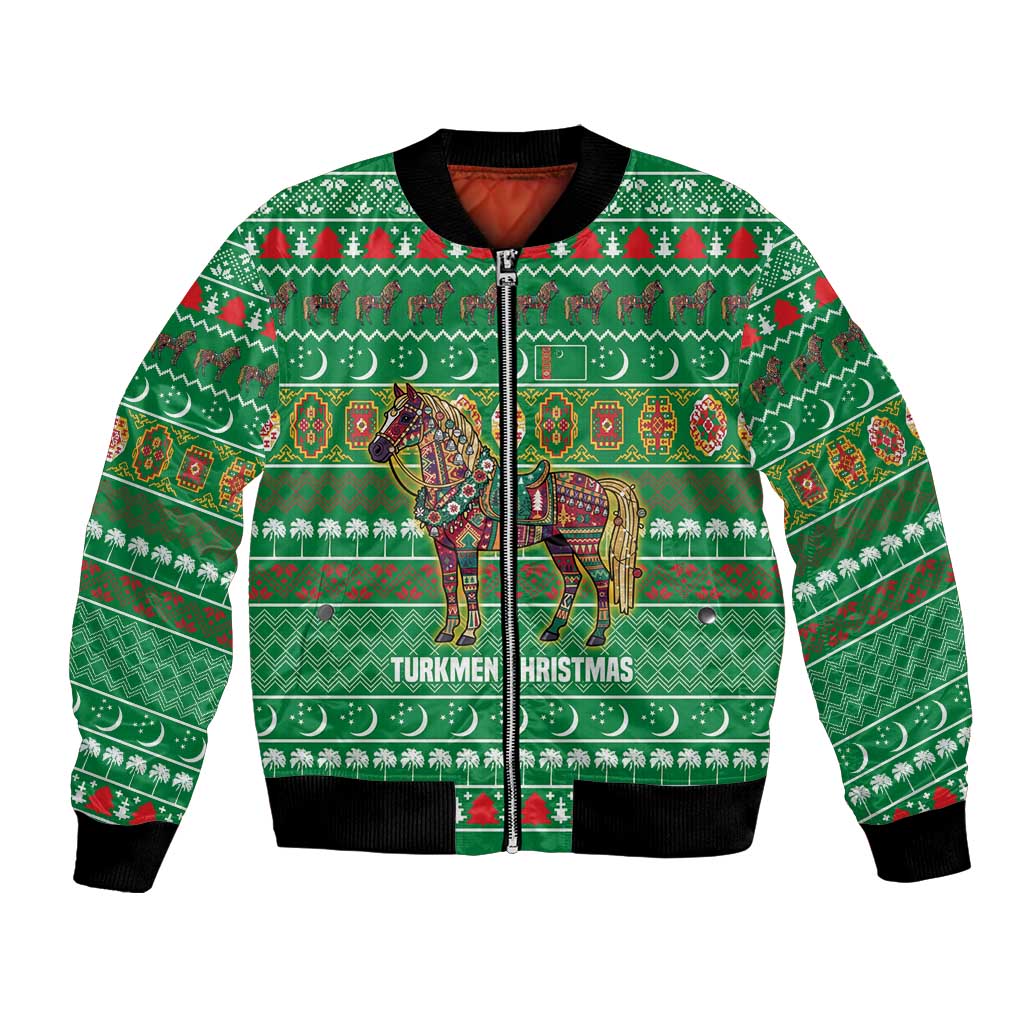 Turkmenistan Christmas Bomber Jacket with Decorated Horse Crescent Moon Pattern and Traditional Carpet - Wonder Print Shop