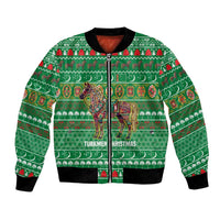 Turkmenistan Christmas Bomber Jacket with Decorated Horse Crescent Moon Pattern and Traditional Carpet - Wonder Print Shop