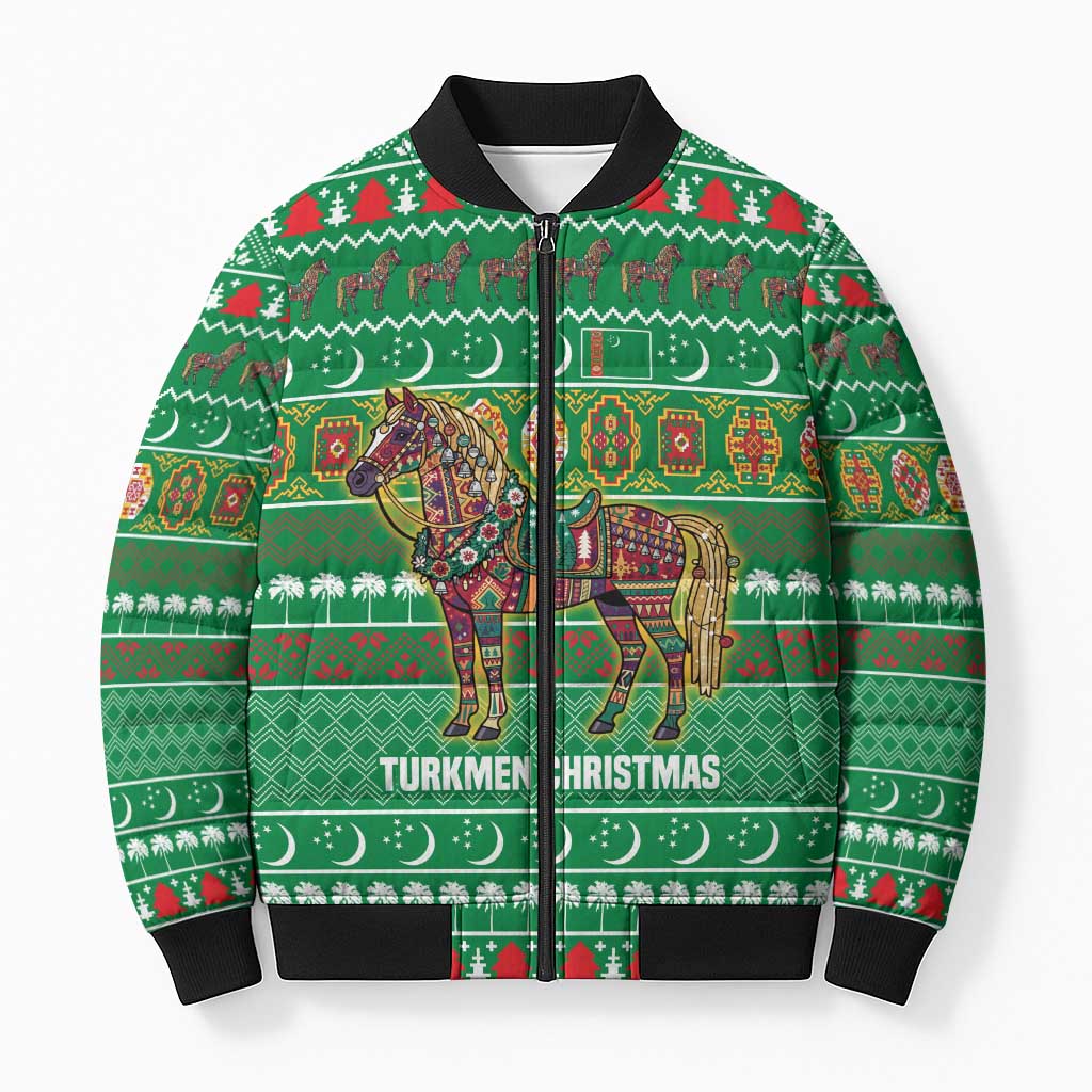 Turkmenistan Christmas Bomber Puffer Jacket with Decorated Horse Crescent Moon Pattern and Traditional Carpet - Wonder Print Shop