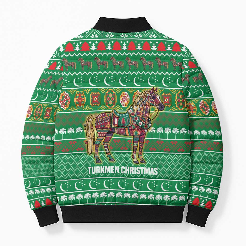 Turkmenistan Christmas Bomber Puffer Jacket with Decorated Horse Crescent Moon Pattern and Traditional Carpet - Wonder Print Shop