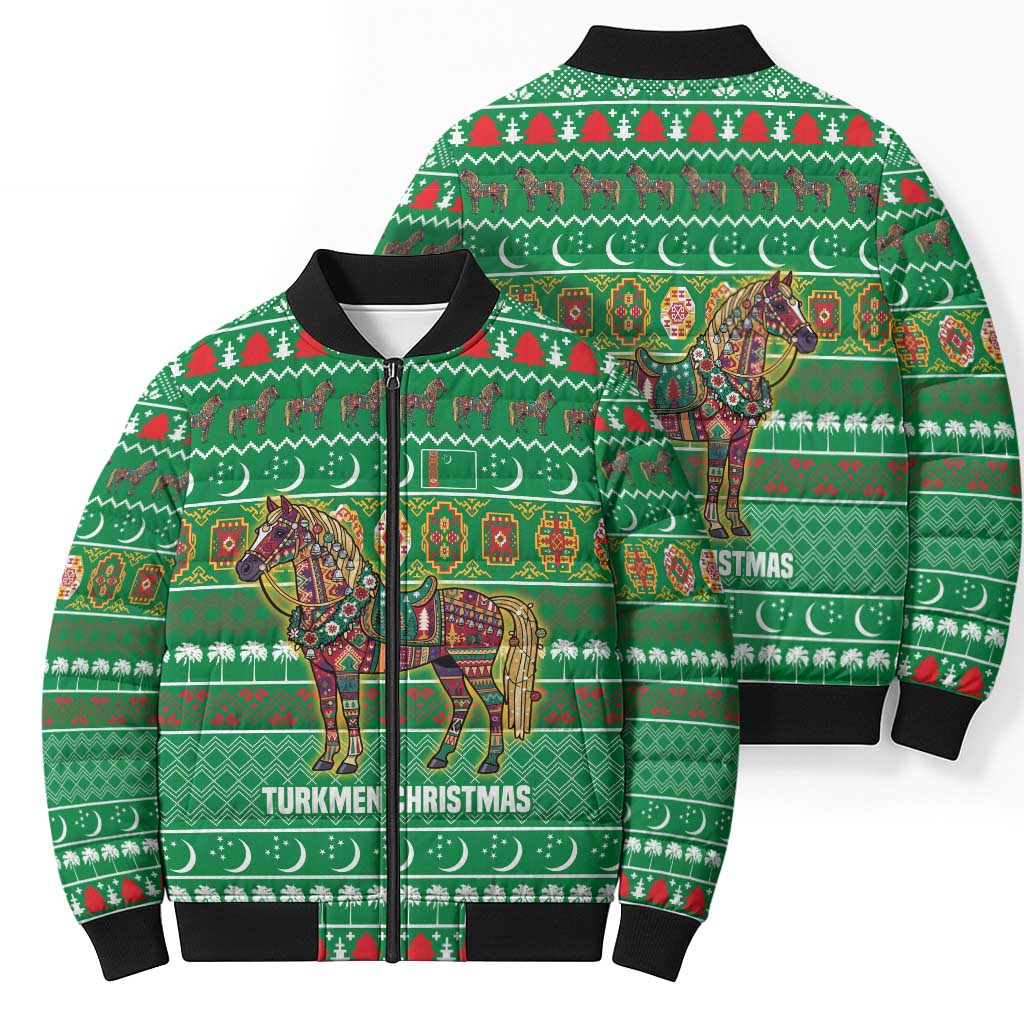 Turkmenistan Christmas Bomber Puffer Jacket with Decorated Horse Crescent Moon Pattern and Traditional Carpet - Wonder Print Shop