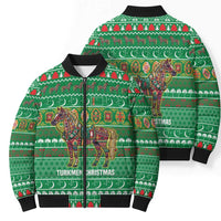 Turkmenistan Christmas Bomber Puffer Jacket with Decorated Horse Crescent Moon Pattern and Traditional Carpet - Wonder Print Shop