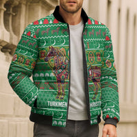 Turkmenistan Christmas Bomber Puffer Jacket with Decorated Horse Crescent Moon Pattern and Traditional Carpet - Wonder Print Shop