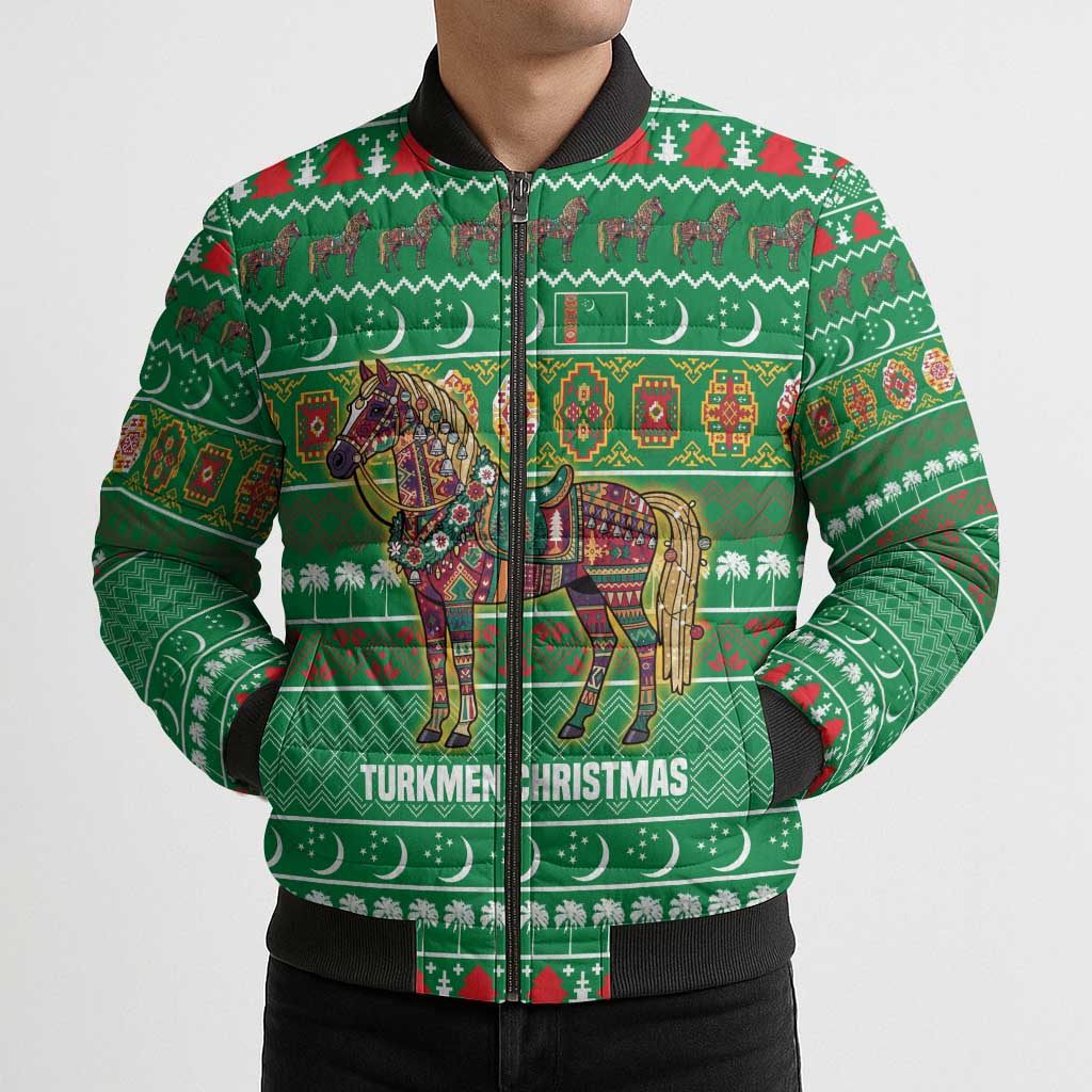 Turkmenistan Christmas Bomber Puffer Jacket with Decorated Horse Crescent Moon Pattern and Traditional Carpet - Wonder Print Shop