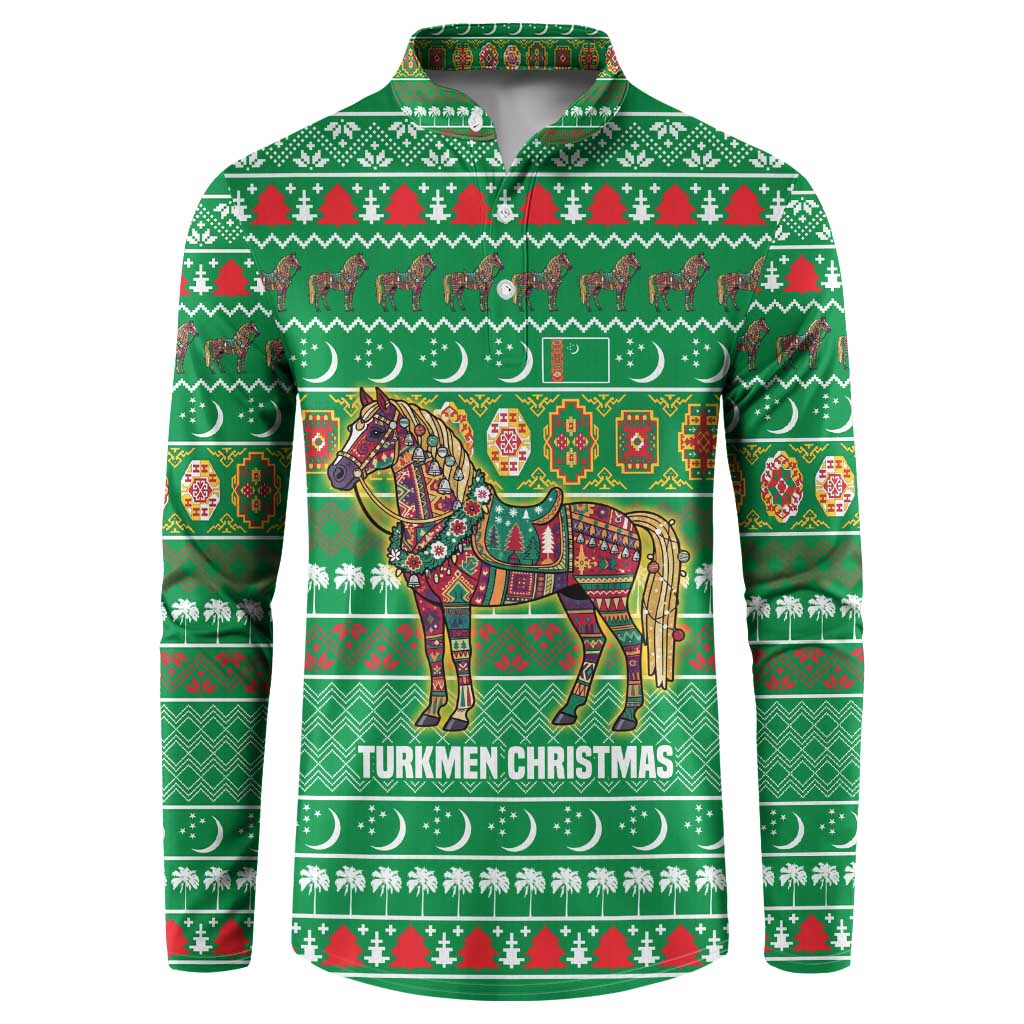 Turkmenistan Christmas Button Sweatshirt with Decorated Horse Crescent Moon Pattern and Traditional Carpet - Wonder Print Shop
