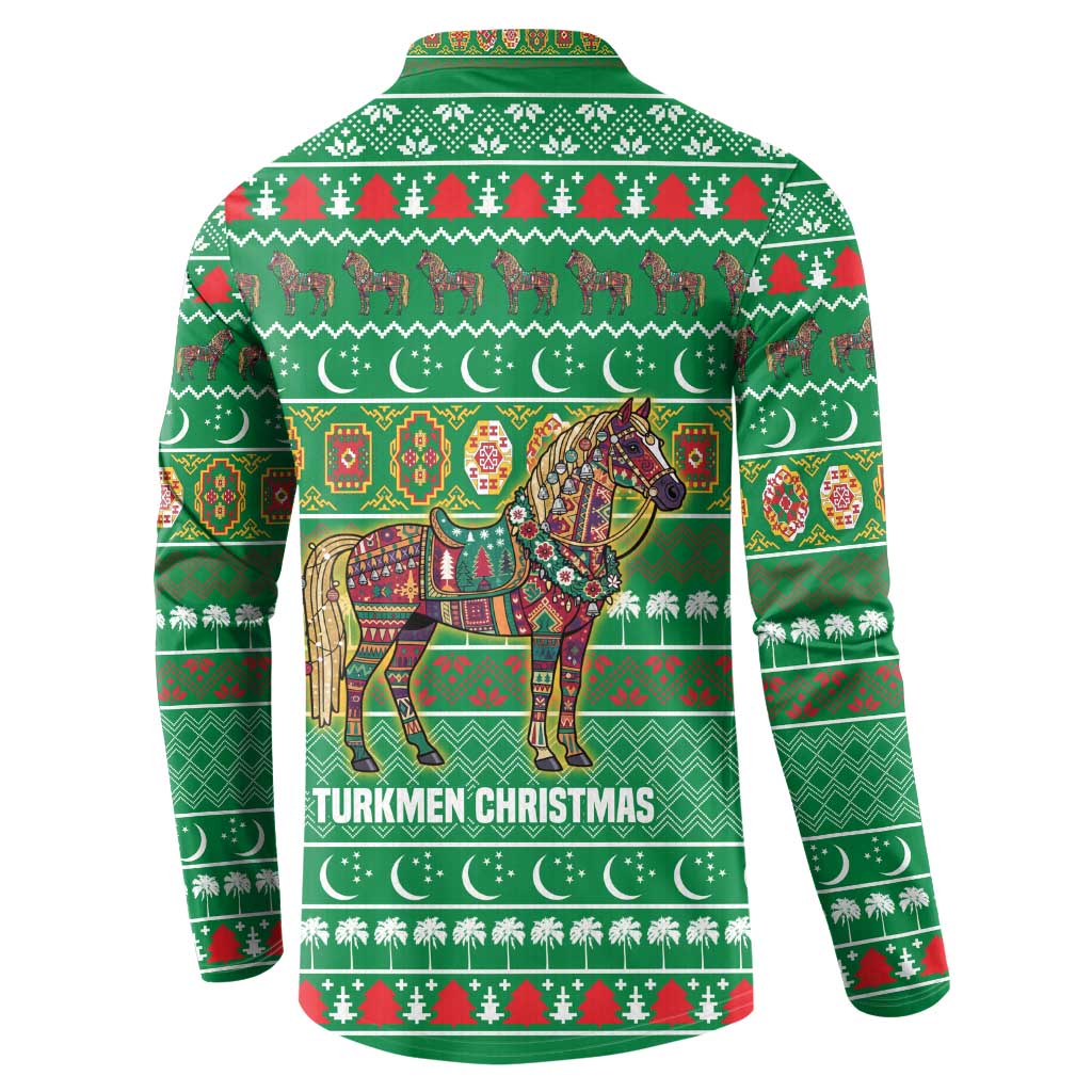 Turkmenistan Christmas Button Sweatshirt with Decorated Horse Crescent Moon Pattern and Traditional Carpet - Wonder Print Shop