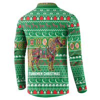 Turkmenistan Christmas Button Sweatshirt with Decorated Horse Crescent Moon Pattern and Traditional Carpet - Wonder Print Shop