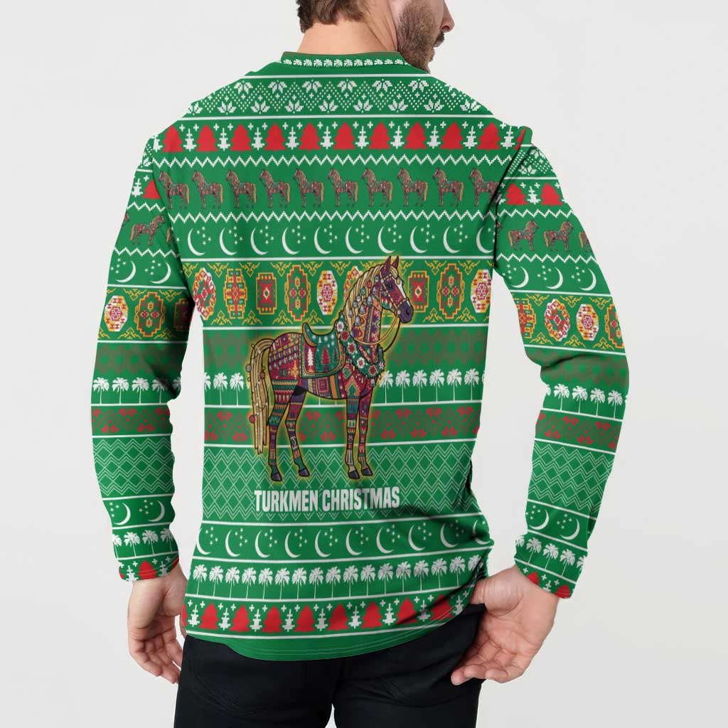Turkmenistan Christmas Button Sweatshirt with Decorated Horse Crescent Moon Pattern and Traditional Carpet - Wonder Print Shop