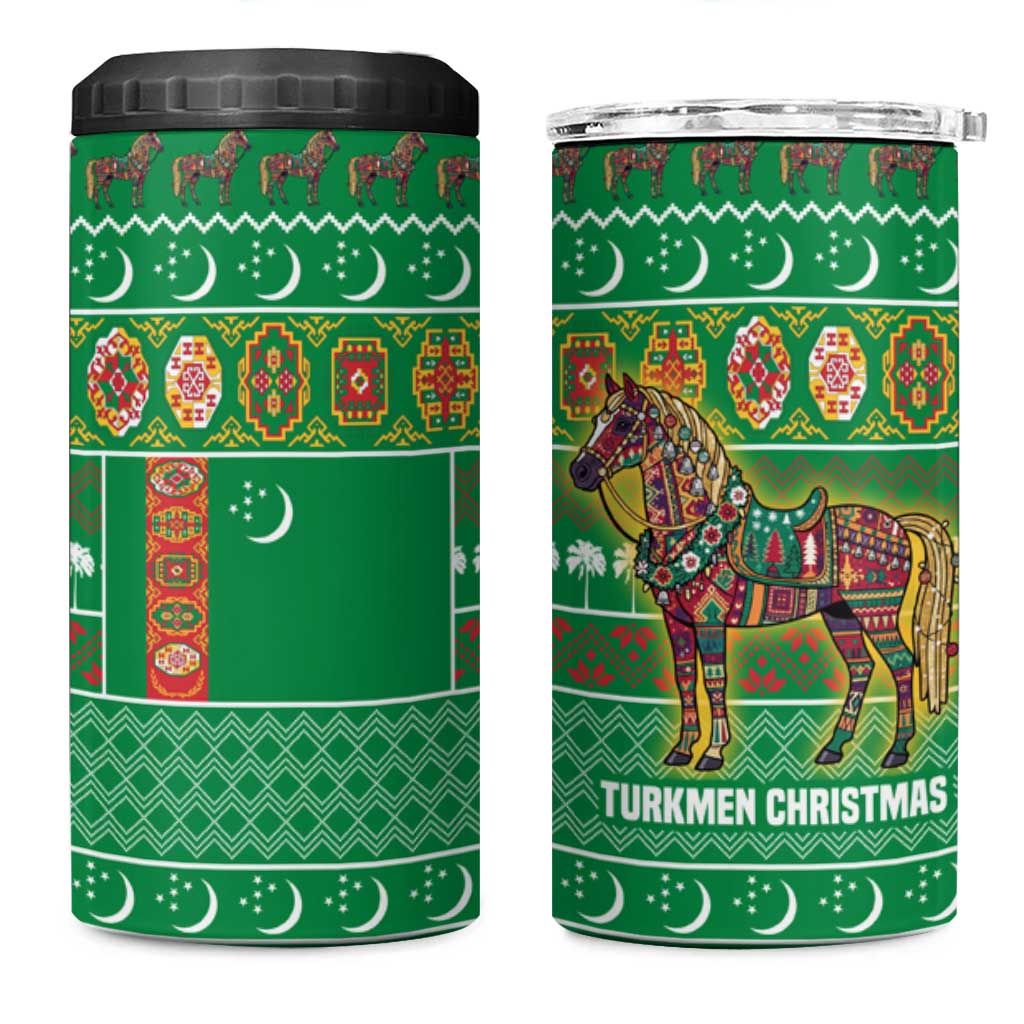Turkmenistan Christmas 4 in 1 Can Cooler Tumbler with Decorated Horse Crescent Moon Pattern and Traditional Carpet - Wonder Print Shop