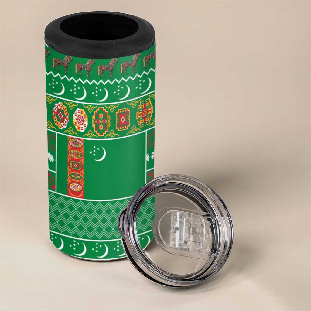 Turkmenistan Christmas 4 in 1 Can Cooler Tumbler with Decorated Horse Crescent Moon Pattern and Traditional Carpet - Wonder Print Shop