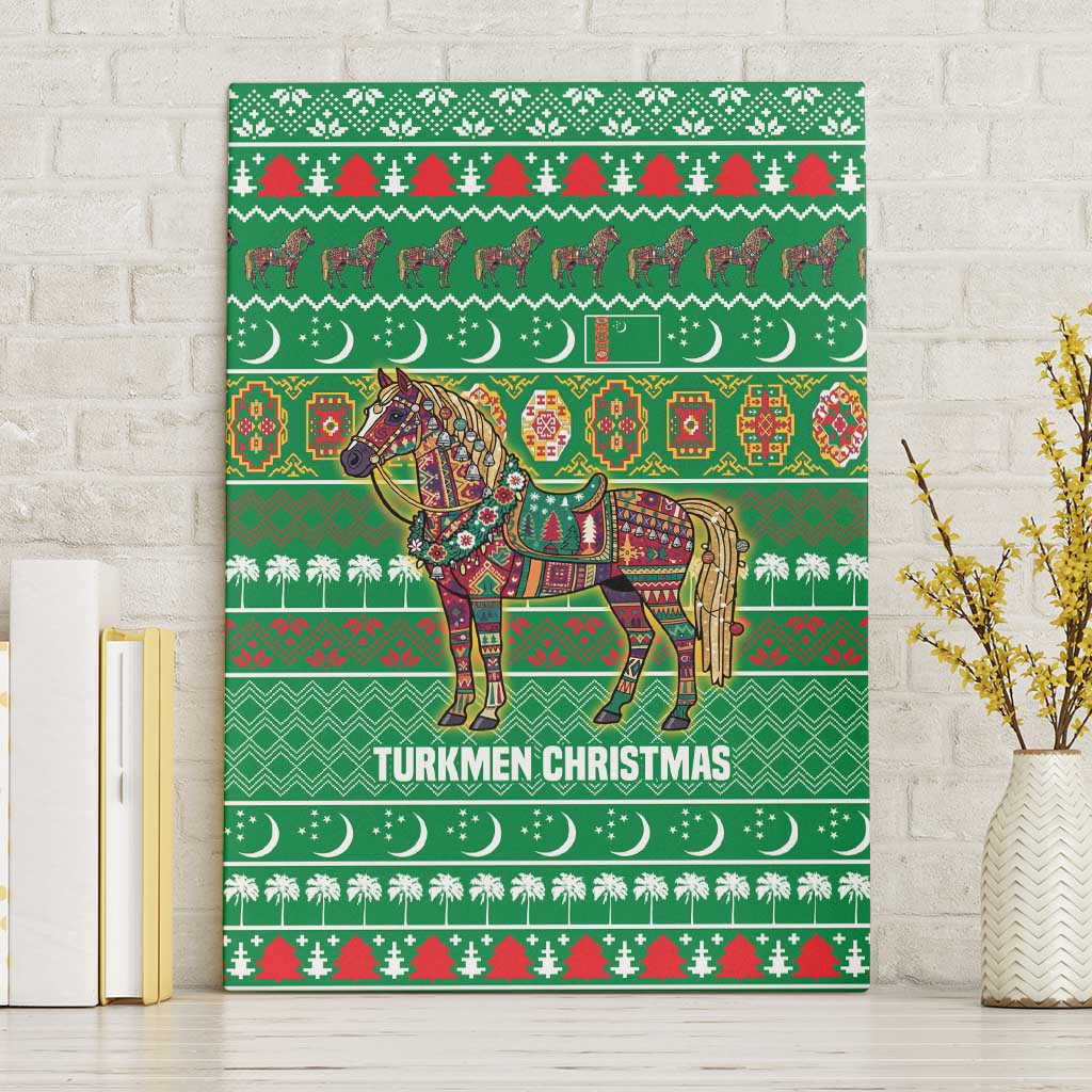 Turkmenistan Christmas Canvas Wall Art with Decorated Horse Crescent Moon Pattern and Traditional Carpet - Wonder Print Shop