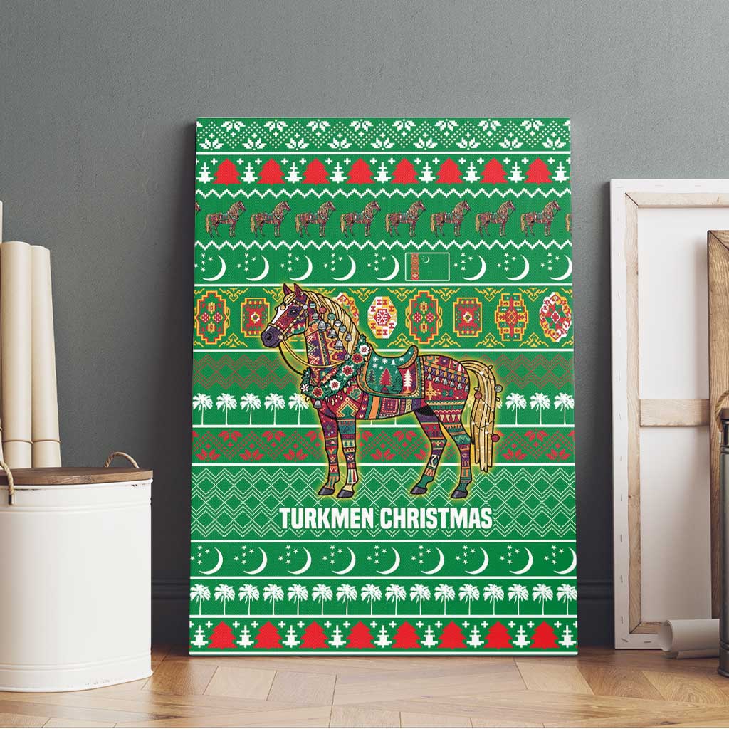 Turkmenistan Christmas Canvas Wall Art with Decorated Horse Crescent Moon Pattern and Traditional Carpet - Wonder Print Shop