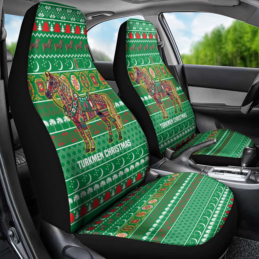 Turkmenistan Christmas Car Seat Cover with Decorated Horse Crescent Moon Pattern and Traditional Carpet - Wonder Print Shop
