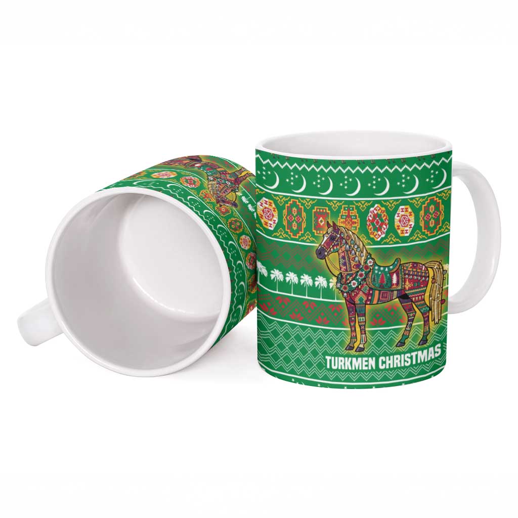 Turkmenistan Christmas Ceramic Mug with Decorated Horse Crescent Moon Pattern and Traditional Carpet - Wonder Print Shop